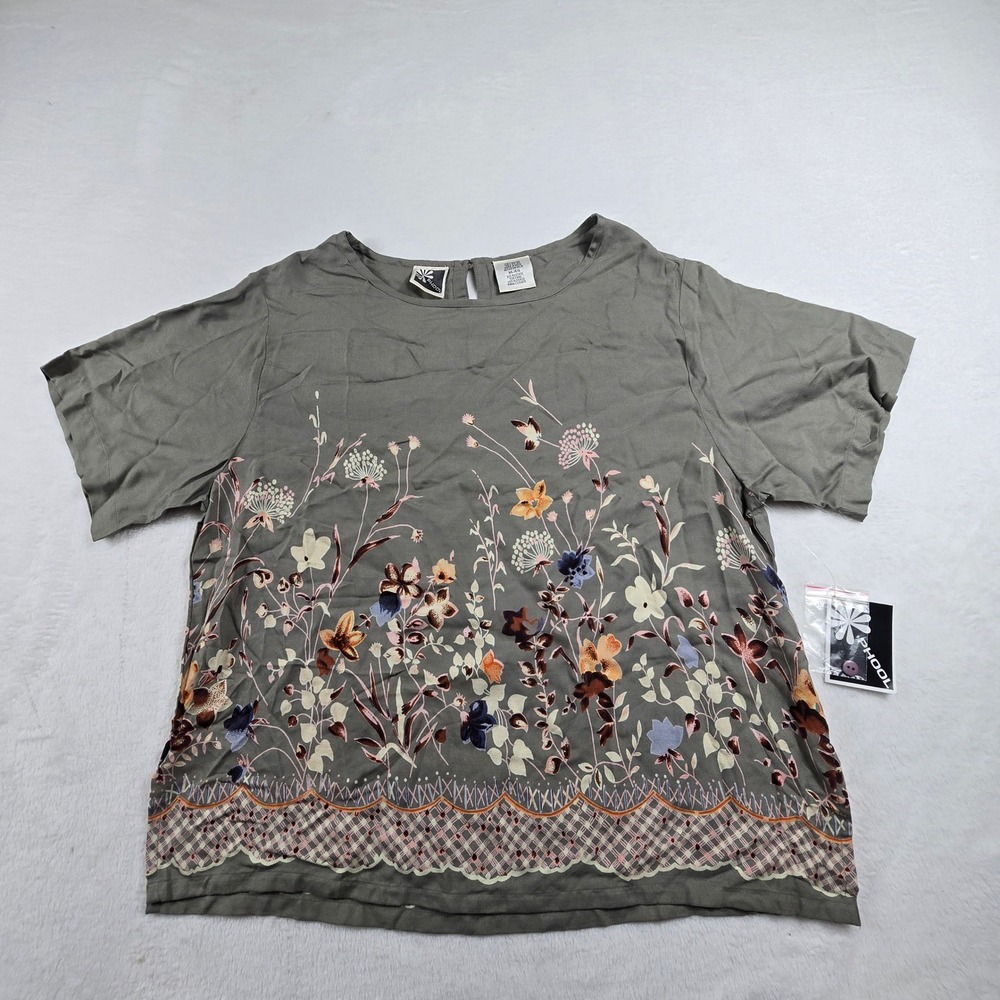 Phool Women Gray Floral Flower Rayon Short Sleeve Blouse Shirt Size XL India
